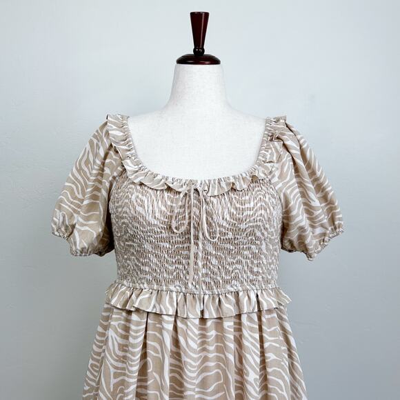 Arula Smocked Puff Sleeve Square Neck Tan Mini Dress - Picture 2 of 9